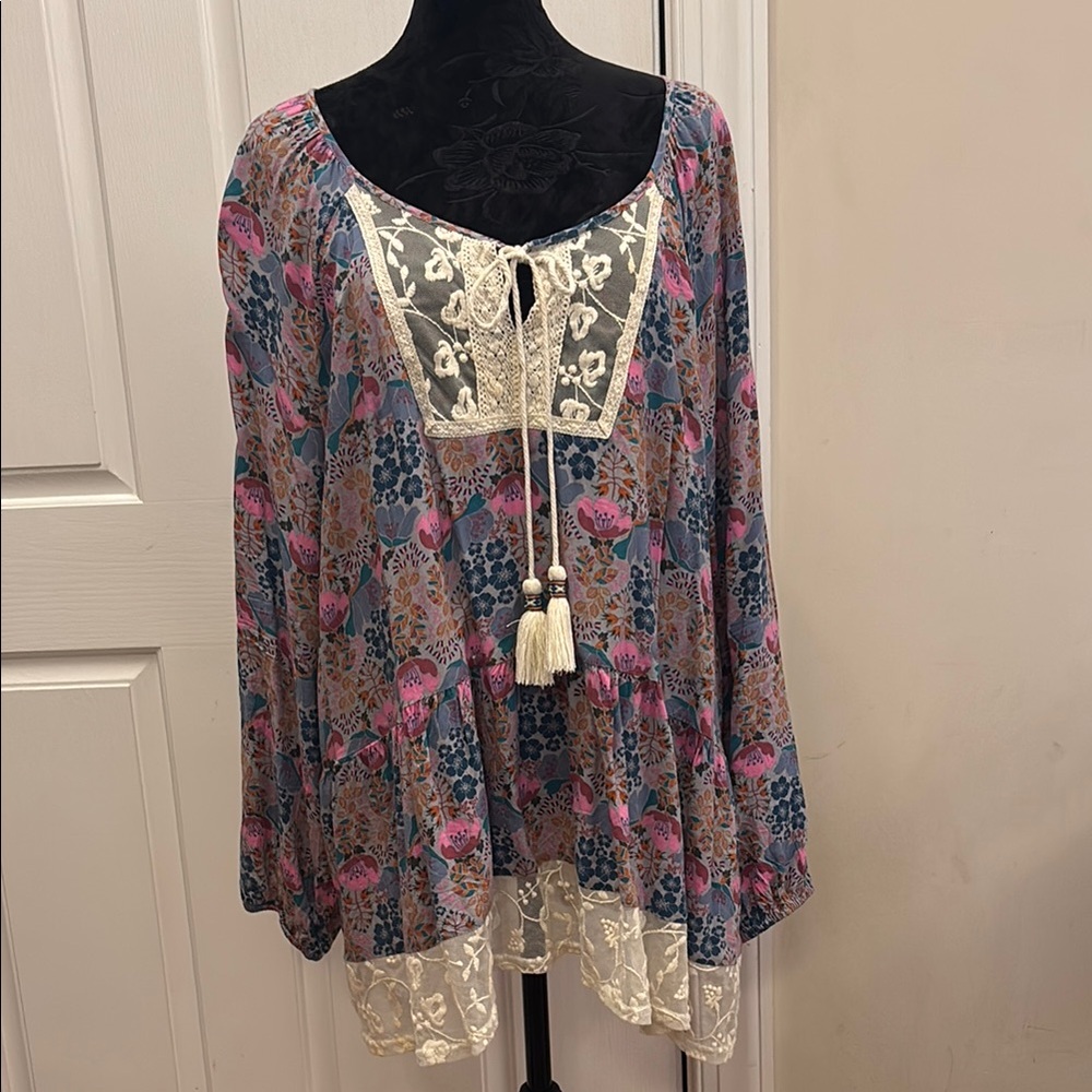 Matilda Jane Pink and Blue Bib Collar Tunic with Tie Front